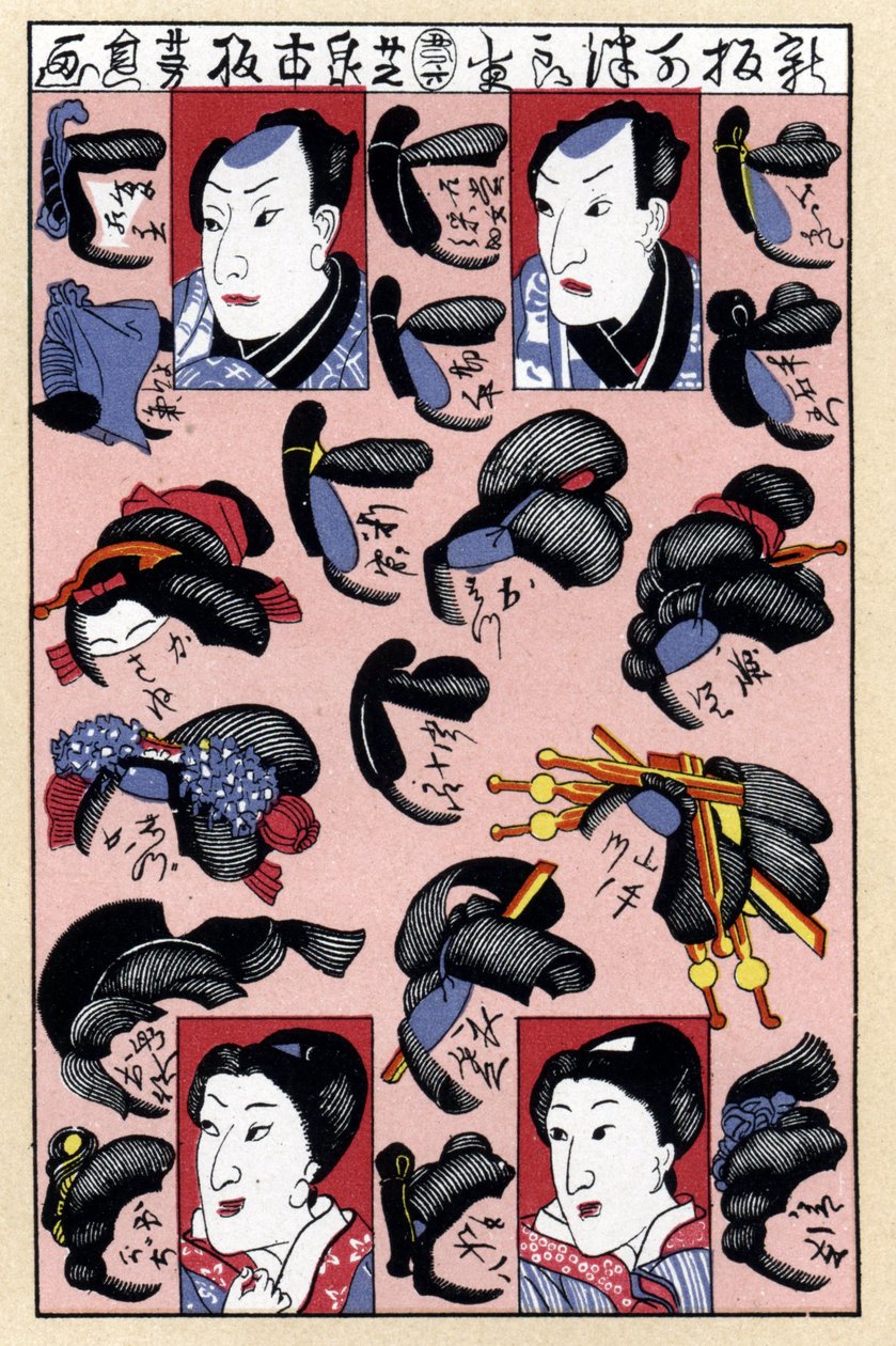 Fac-hasonlat egy japán divatmetszetről, amelyen férfi és női frizurák láthatók az Edo-korszakból alkotó: Jules (after) Cheret