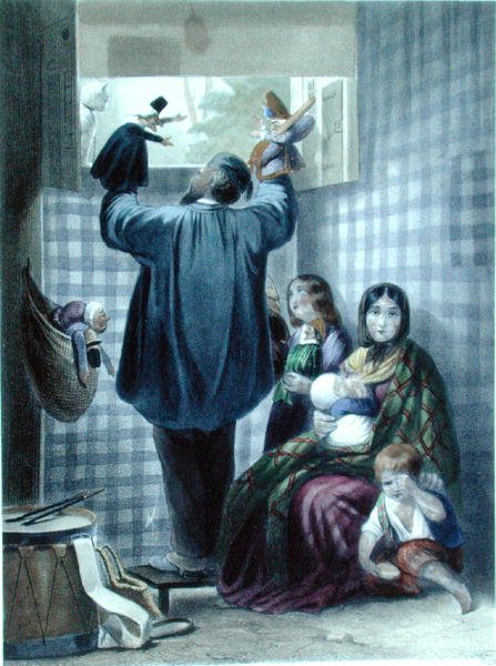 A "La Comedie du Chat" bábszínházi előadás kulisszái mögött, 1840 körül (színes metszet) alkotó: Jules (after) David