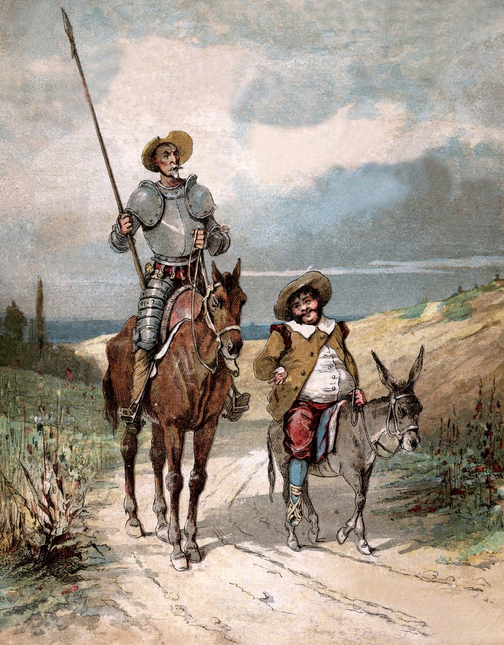 Don Quijote és Sancho Panza, Miguel de Cervantes "Don Quijote története" című könyvének illusztrációja, metszet Jules David után alkotó: Jules (after) David