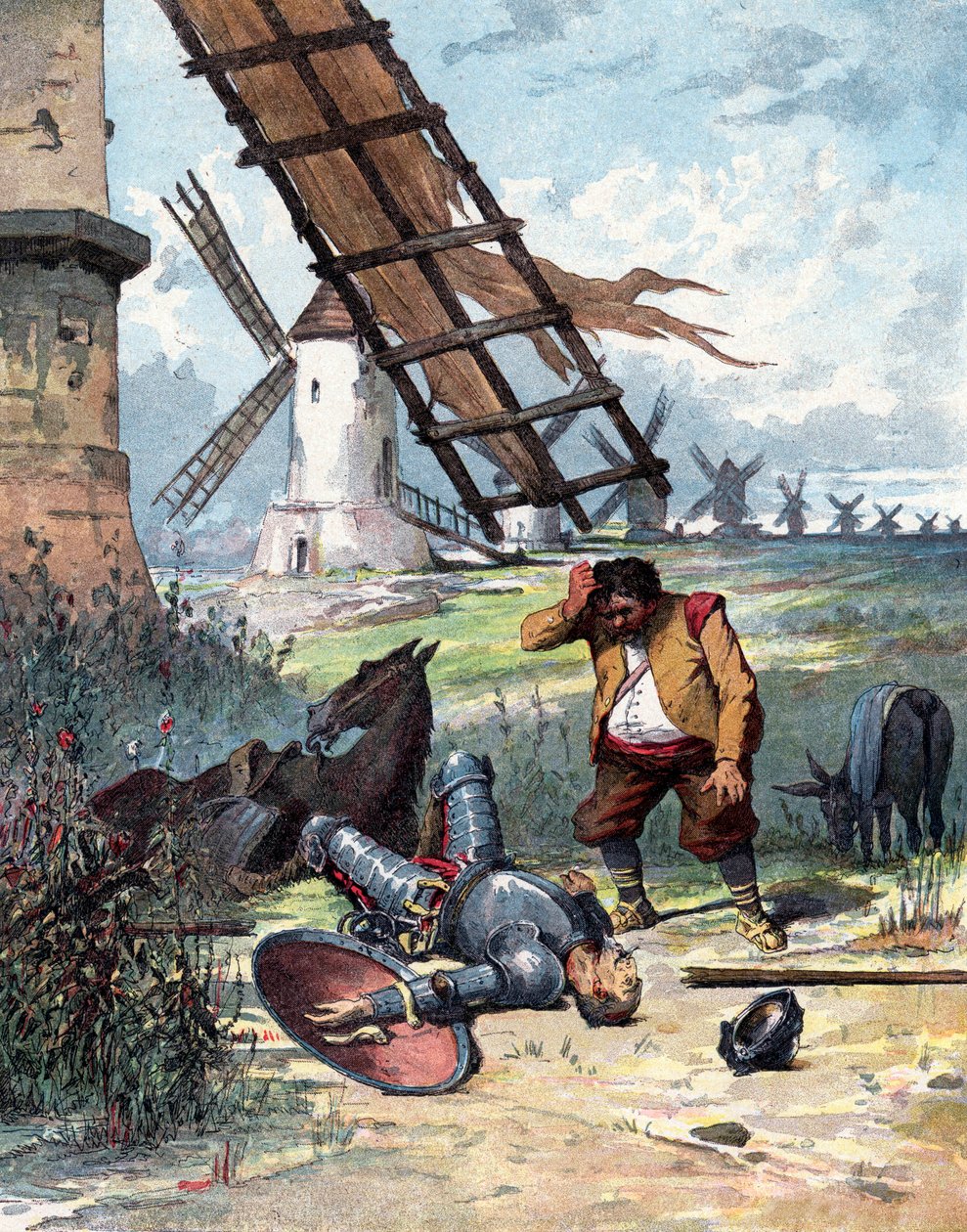 Don Quixote has fought with windmills and fallen form his horse, Sancho Panza looking at his master, illustration of book by Miguel de Cervantes "Histoire de Don Quichotte", engraving after Jules David alkotó: Jules (after) David