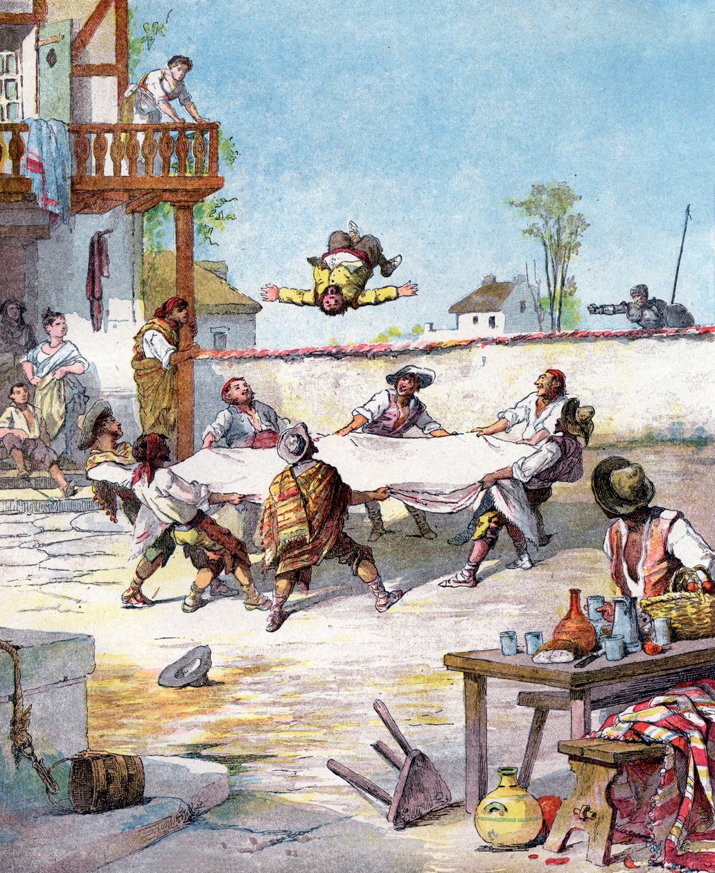 Az Innben Sancho Panzát bántalmazzák, mesterét, Don Quijotét hívja segítségül. Illusztráció Miguel de Cervantes "Histoire de Don Quichotte" című könyvéhez, metszet Jules David után alkotó: Jules (after) David