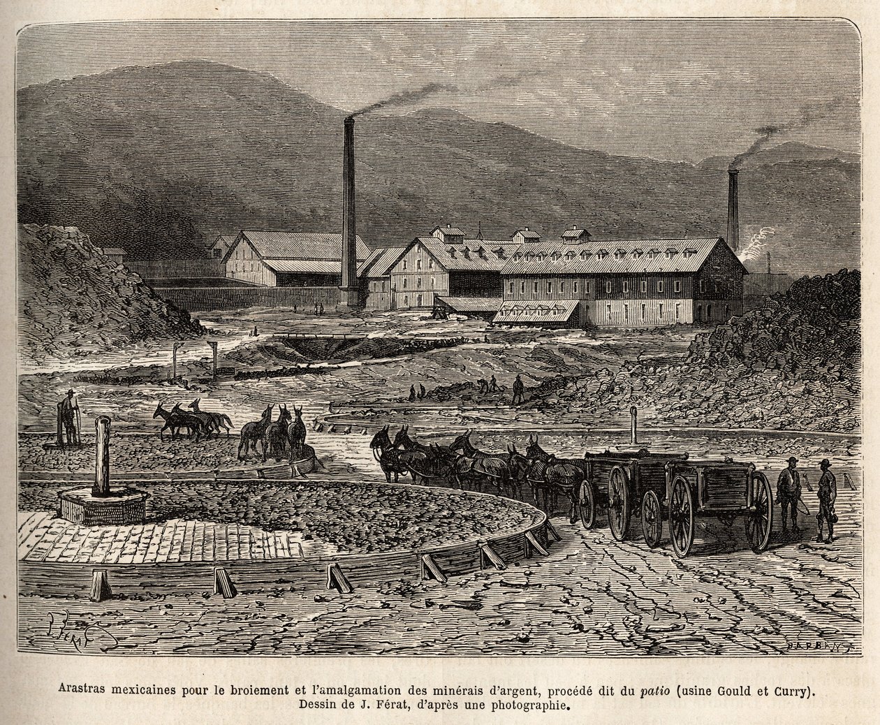 Mexikói arastrák (az öszvérek lábától taposott terület, mint a bles taposása miatt) ezüstércek köszörülésére és egyesítésére (Gould és Curry gyárak) Virginia City (Nevada) környékén, metszet J.Ferat rajza után , illustrati alkotó: Jules (after) Ferat