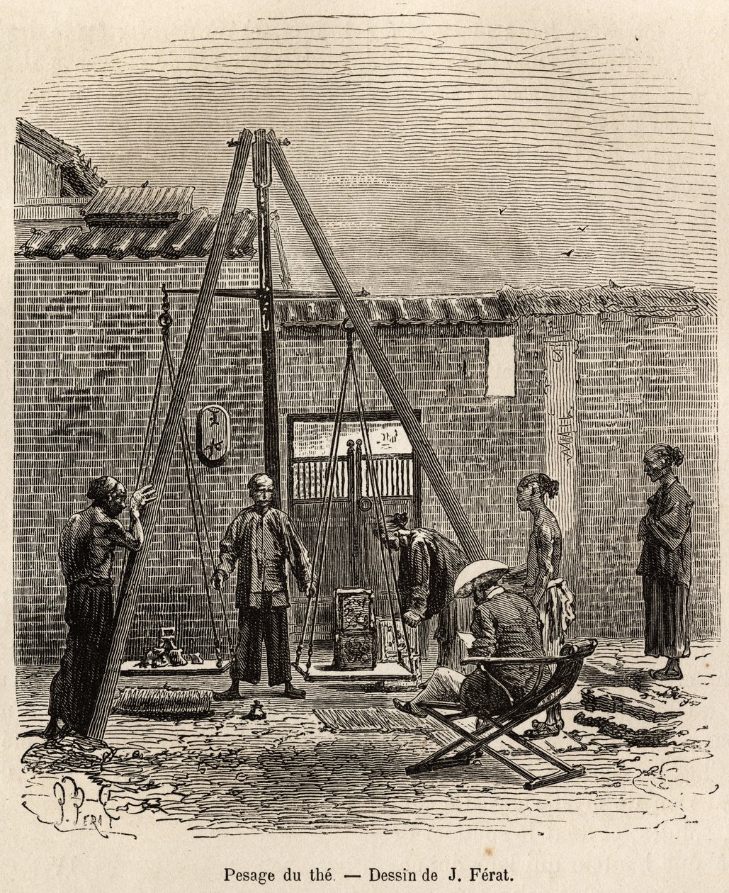 A tea mérése a kereskedelmi piacokon való expedíció előtt a Fati-öbölben (Kanton tartomány) egy lőporgyárban, J.Ferat 1870-1872-es kínai utazást illusztráló rajza nyomán metszett, J. Thompson, 1870-1872-ben, megjelent a „ Le tour du monde” 18 alkotó: Jules (after) Ferat