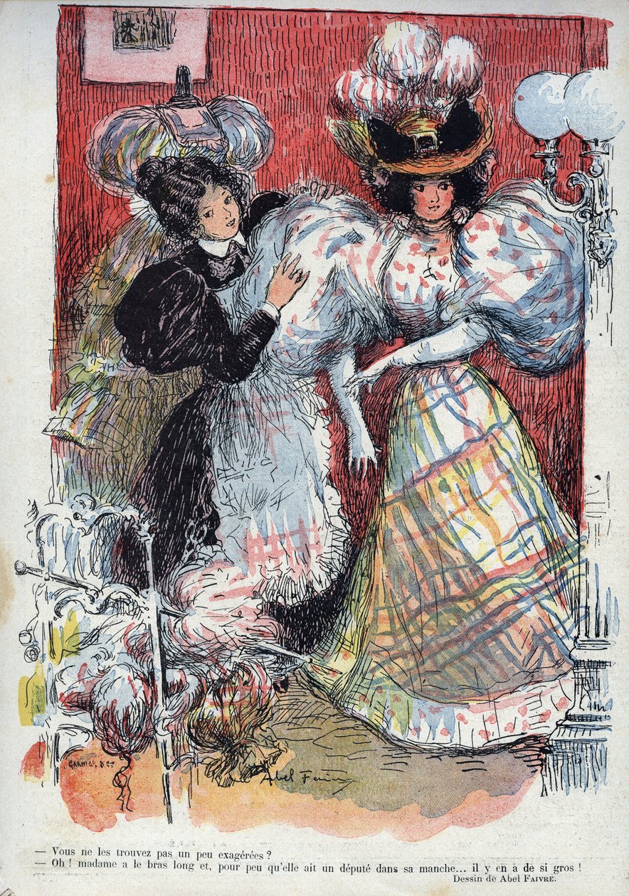 Nem gondolod, hogy egy kicsit eltúlzottak? Abel Faivre (1867-1945) humoros rajza. „A nevetés”, n. 45 1895. - Egy nő új ruhát próbál ki, két nagy ujjú. Tanácsot kér az öltözötttől. alkotó: Jules Abel Faivre