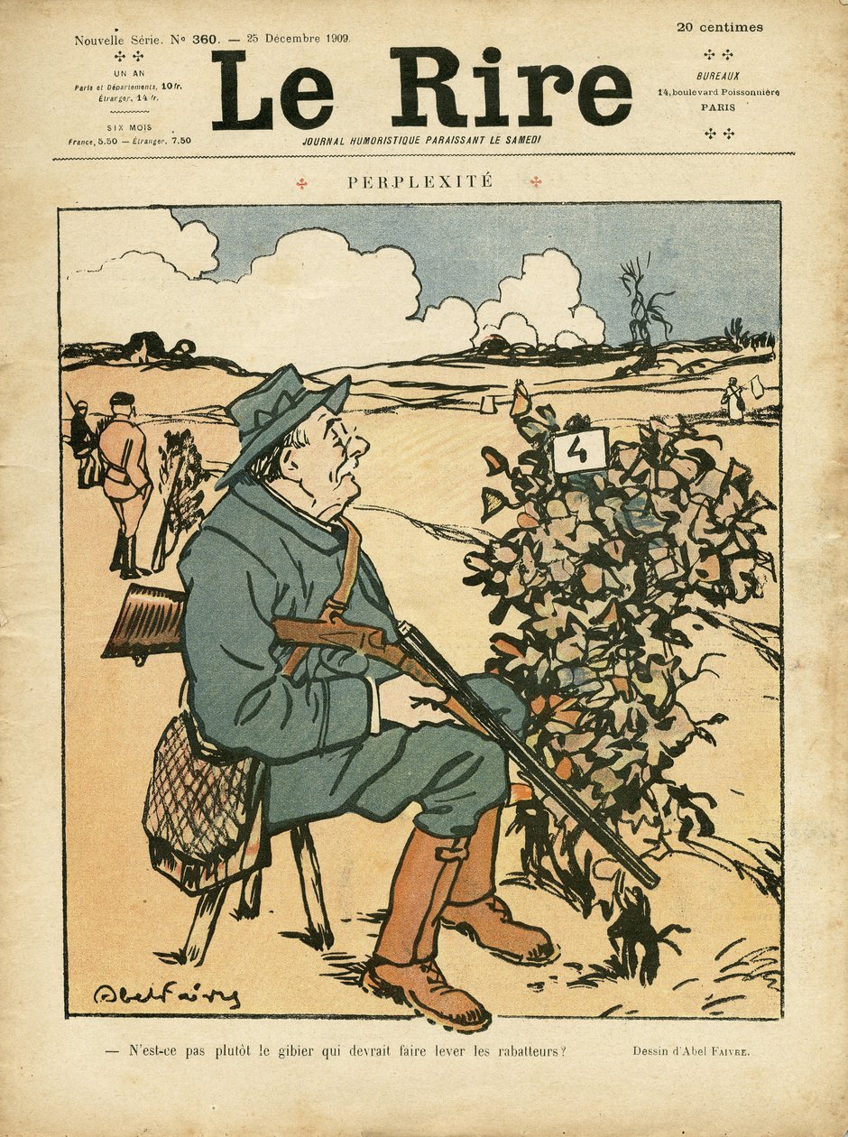 Illusztráció: Abel Faivre (1867-1945) a Le Lire borítójára, 09.12.25 - Perplexite - Vidék, szabadidő, vadászvadász alkotó: Jules Abel Faivre