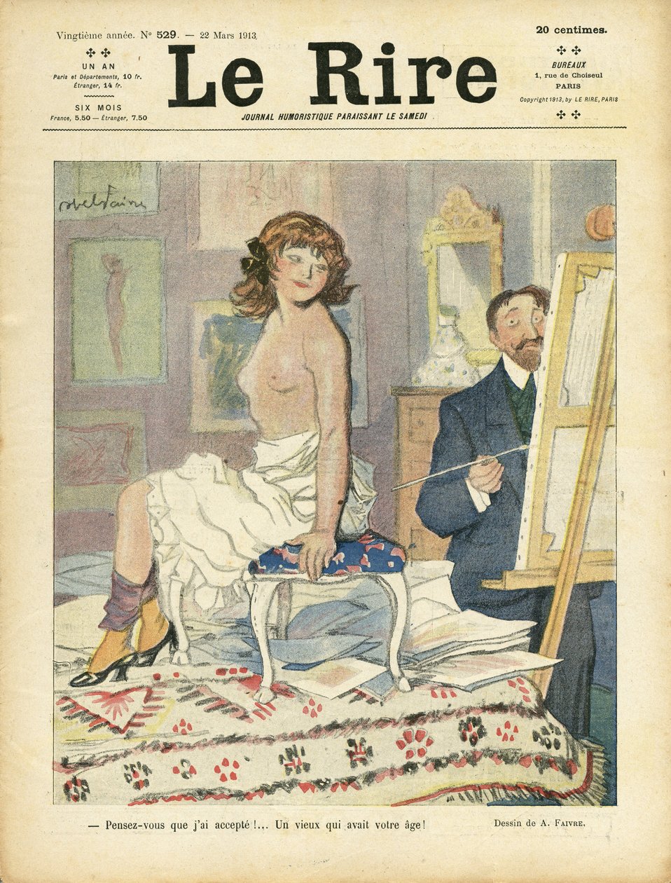 Illusztráció: Abel Faivre (1867-1945) a Le Rire borítójára, 22.03.2213 - Művészet, nudita - Festőművészek, Modell (aki pózol) alkotó: Jules Abel Faivre