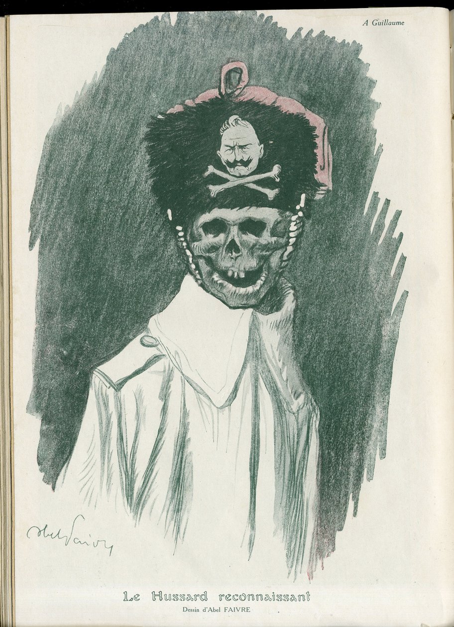 Illusztráció: Abel Faivre (1867-1945) a „” Fantasio” című filmben, 01/05/15 - A hálás huszár - 14-18-as háború, Németország porosz - II. Vilmos, Kaszás/elvtárs - Halál, FacesRiantes alkotó: Jules Abel Faivre