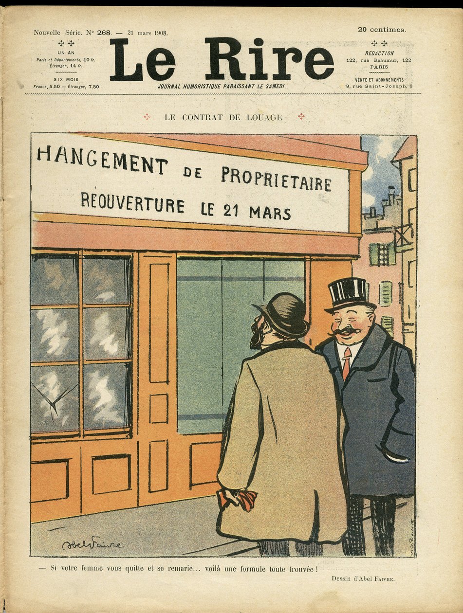 Illusztráció Abel Faivre-ről (1867-1945) a Le Rire borítójára, 08.03.21 - Bérbeadási szerződés - Építészet Várostervezés, Esküvő, Adultere, Boltok alkotó: Jules Abel Faivre