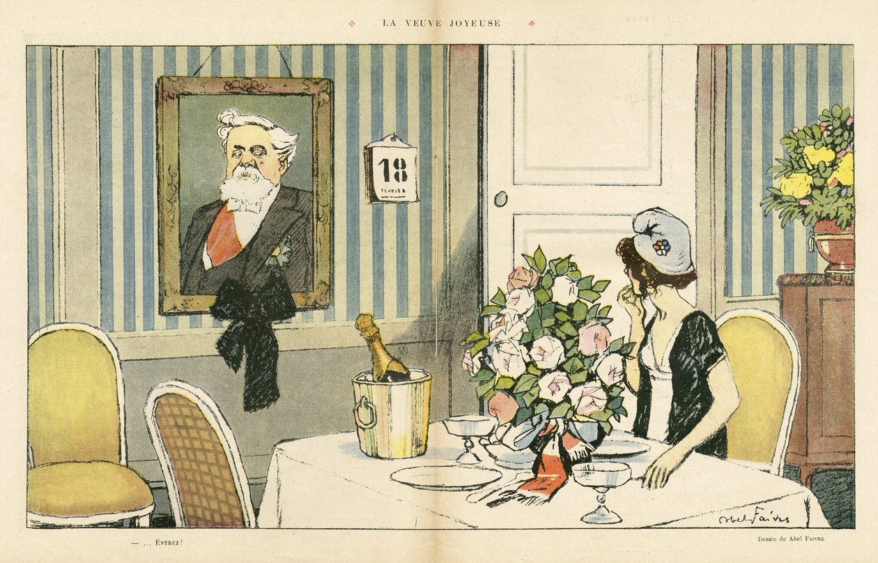 Illusztráció Abel Faivre-ről (1867-1945) a Le Rire-ben, 23.02.13 - Az örömteli özvegy - Köztársasági elnök, portré - Marianne, Fallieres Armand (1841-1931) alkotó: Jules Abel Faivre