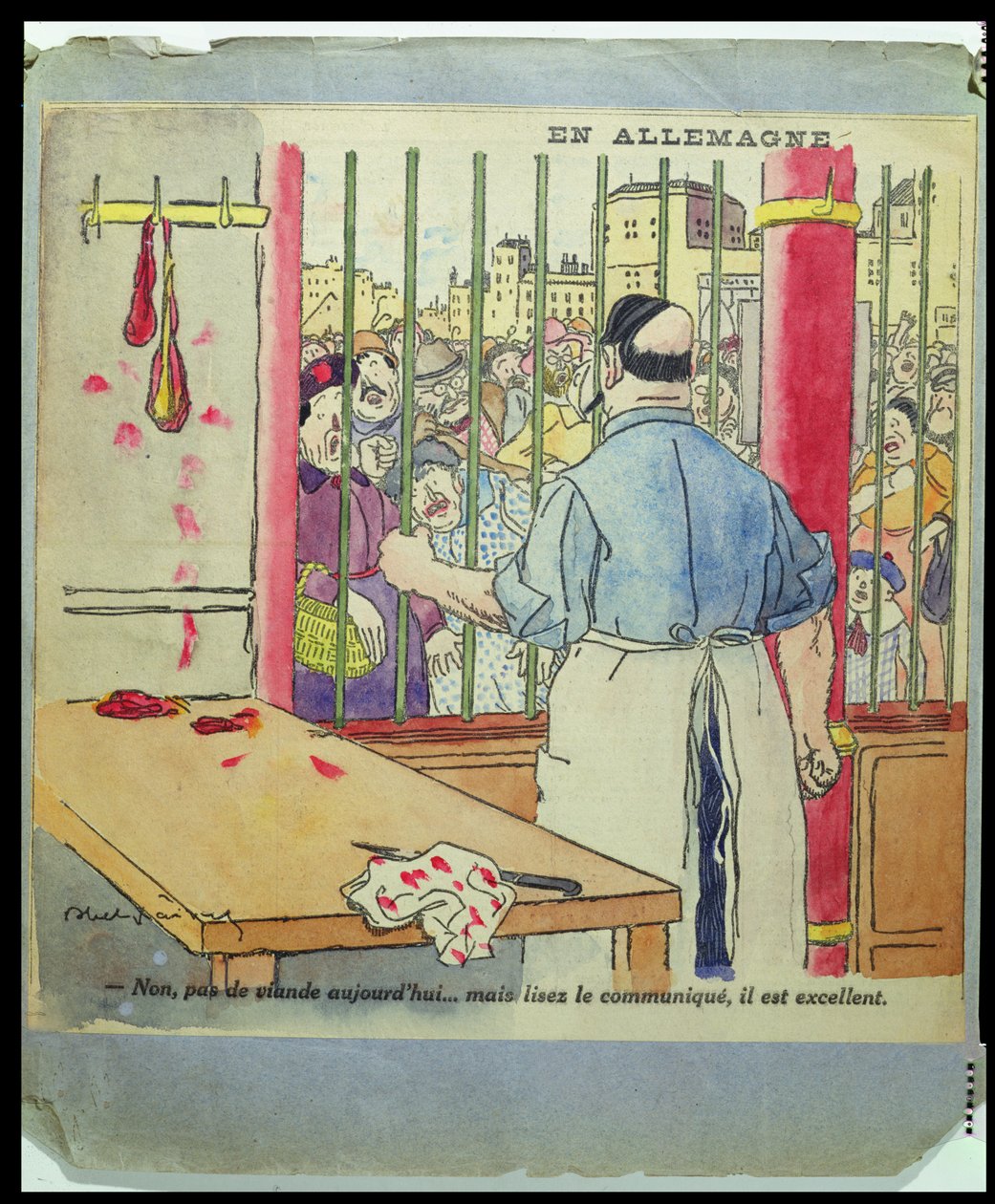"Nem, ma nincs hús... de olvasd el a közleményt, ez kiváló", karikatúra a németországi éhínségről, 1917 körül alkotó: Jules Abel Faivre