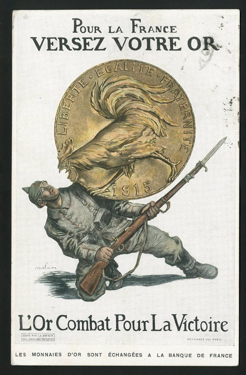 Képeslap, Satirique en Colours, 1915 körül: Franciaországért, öntsön aranyat - 14-18-as háború, Németország Poroszország, ezüst, hadviselők és szimbólumok, győzelem, kölcsönzés, hazafias utazások - Kakas - Abel Faivre (1867-1945) illusztrációja alkotó: Jules Abel Faivre