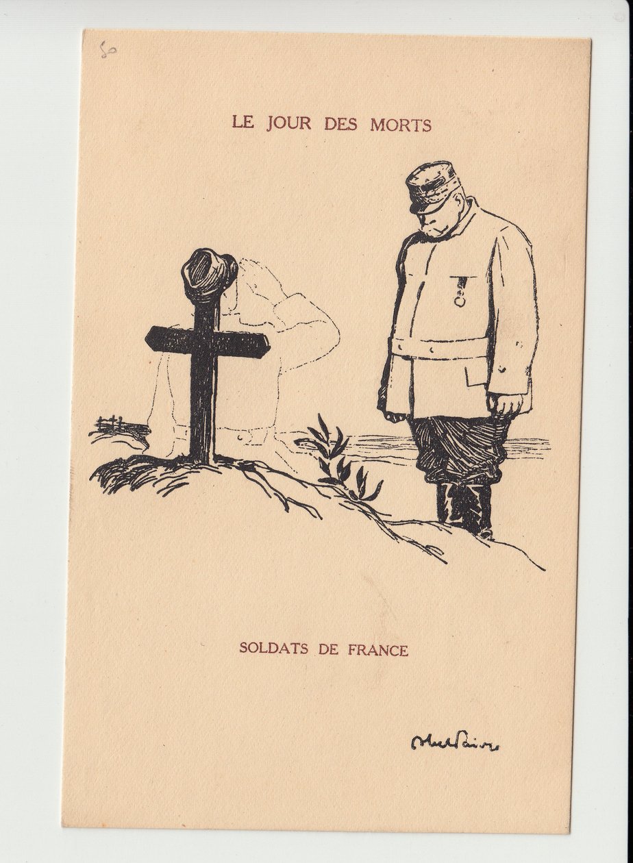 Képeslap, Satirique en N & B, kb. 1915: Halottak napja – 14-18-i háború, Funerailles-i gyász – Joffre, Katonák Illusztrációja: Abel Faivre (1867-1945) alkotó: Jules Abel Faivre