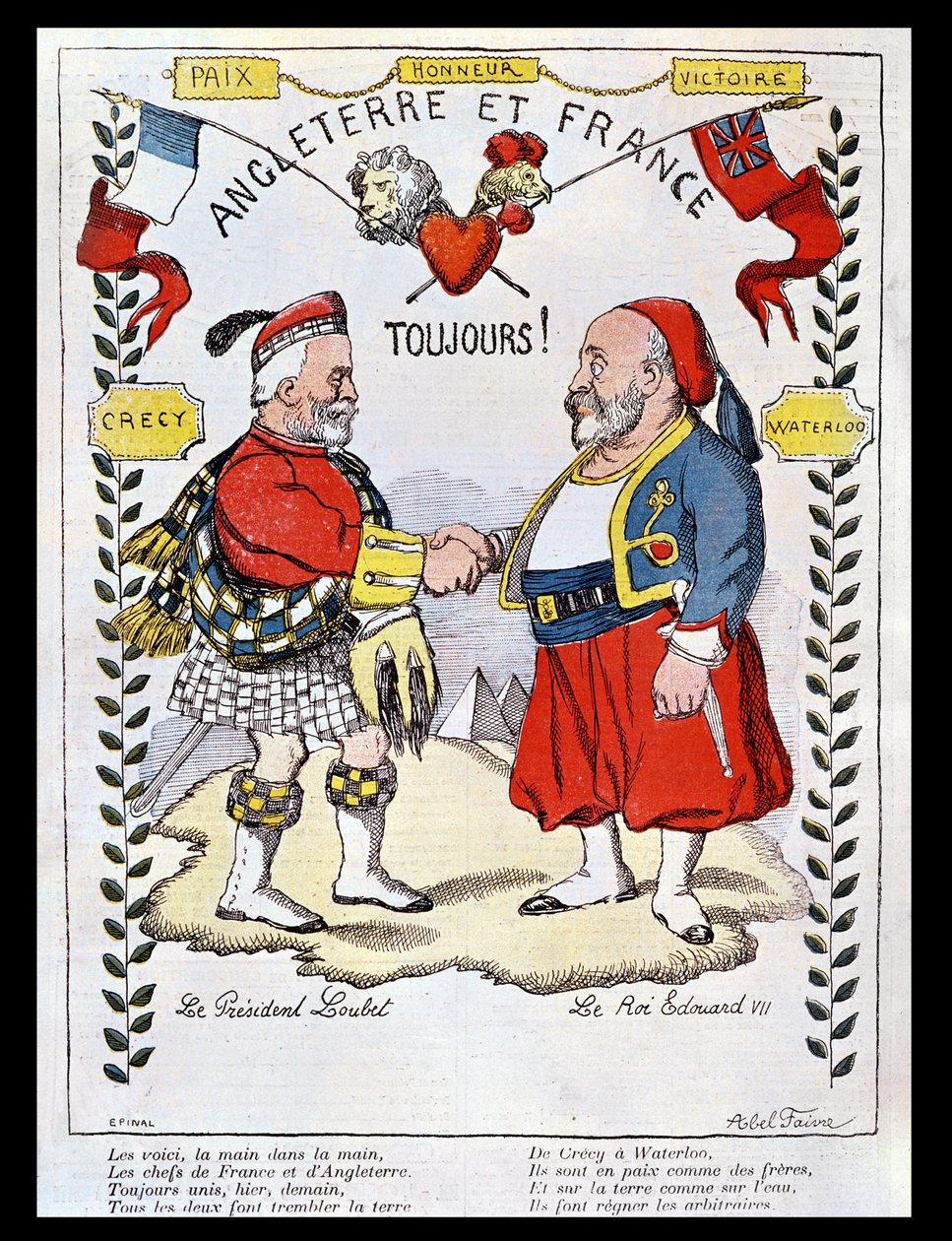 Az Entente Cordiale Franciaország és Nagy-Britannia között: Loubet elnök (1838-1929) és VII. Edward király (1841-1910) karikatúrái, illusztráció a „Le Rire”-ből, 1903 alkotó: Jules Abel Faivre