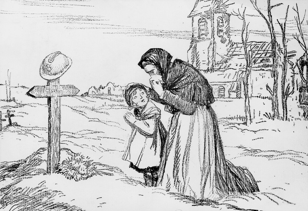 Özvegy és kislánya édesapjuk és férjük sírja felett sírnak az első világháború idején, november 1-jén alkotó: Jules Abel Faivre