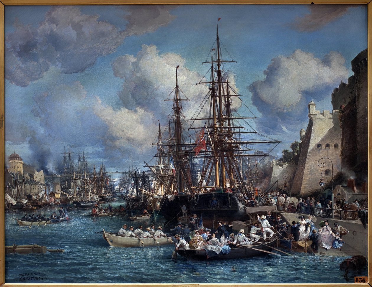 Brest kikötője (Franciaország) 1864-ben. Jules Noel (1815-1881) festménye. Olajfestmény alkotó: Jules Achille Noel