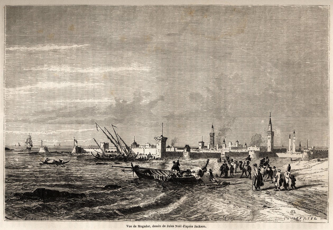 Essaouira (korábban Mogador) képe, Jules Noel (1810-1881) rajza Mr.F. illusztrálására. Schickler 1860-as marokkói utazása. Metszet a „” Le tour du monde, nouveau Journal des voyages”” című könyvben, Paris alkotó: Jules Achille Noel
