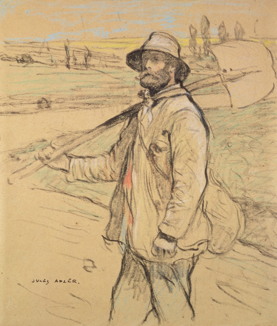 Munkás, balra sétál, ásóval a jobb vállán alkotó: Jules Adler