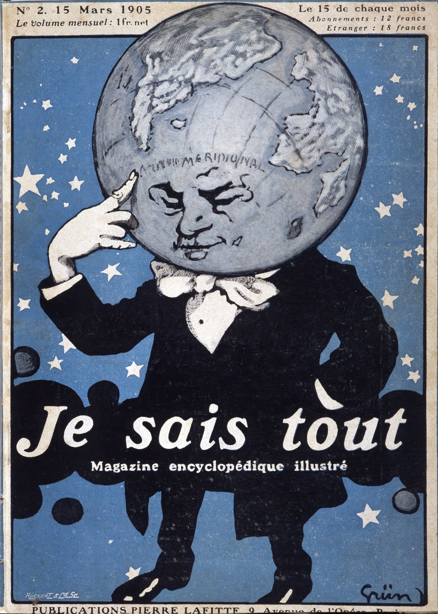 Földgömb gondolkodás – Gondolkodó Földgömb – a „Je Sais Tout” című filmben, 1905.03.15. – Illusztráció: Jules Grun 1868-1938 alkotó: Jules Alexandre Gruen or Grun