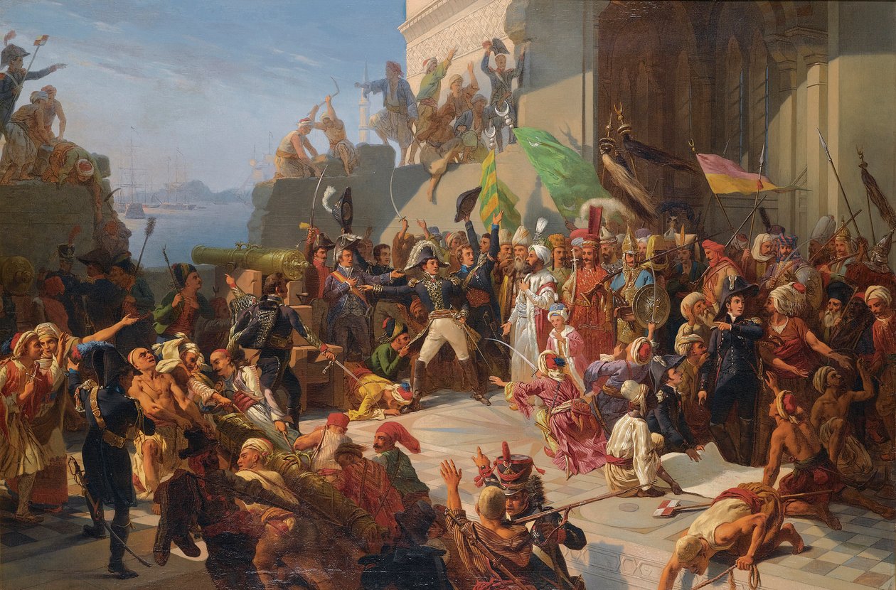 Guerre anglo-turque - guerres napoleoniennes - III. Szelim szultán (1761-1808) meglátogatta Horace Sebastiani tábornokot (1772-1851) Konstantinápoly brit flotta elleni védelme során, 1807 februárjában par Rigo, Jules Vincent (1810-1892). Olaj, vászon, mére alkotó: Jules Alfred Vincent (after) Rigo