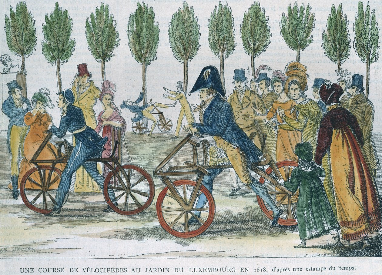Velocipéd verseny a Jardin du Luxembourgban 1818-ban egy korabeli metszet után, amelyet P. Comte metszett (19. század) (színes metszet) alkotó: Jules Antoine Duvaux