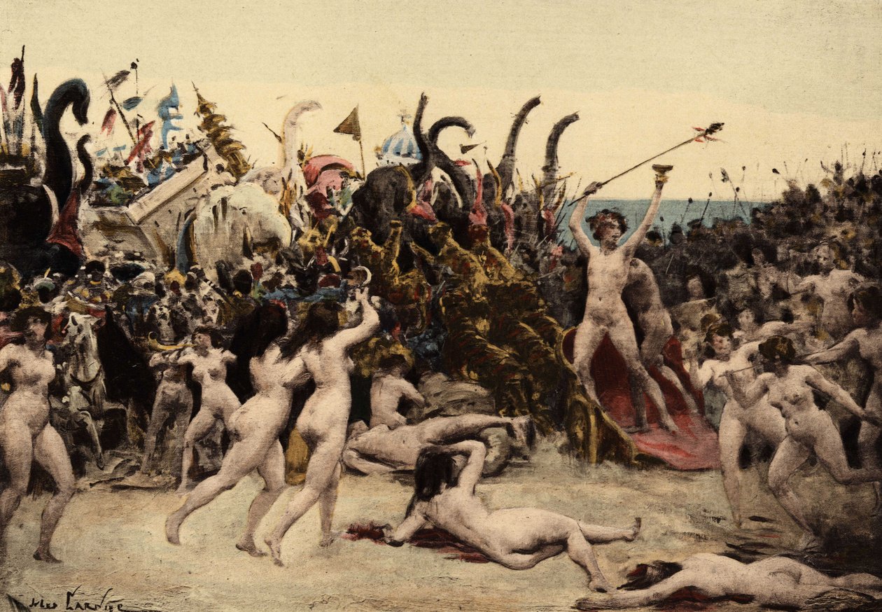 Bacchus (Dionysos, Bacco) és serege megtámadja az indiai sereget. alkotó: Jules Arsene Garnier