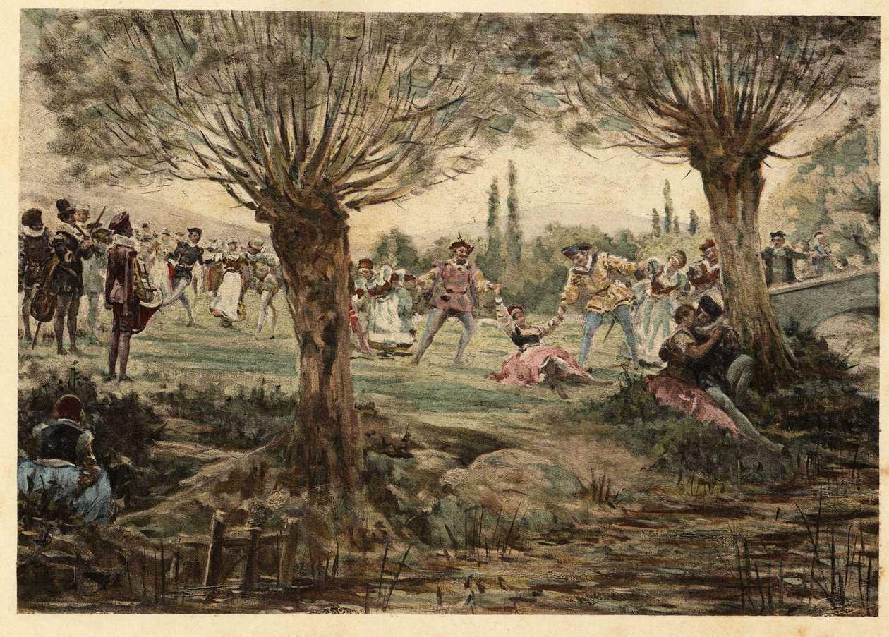 Táncosok és zenészek a Mardi Gras buli alatt. Gargantua. Jules Garnier illusztrációja. In "Rabelais et l