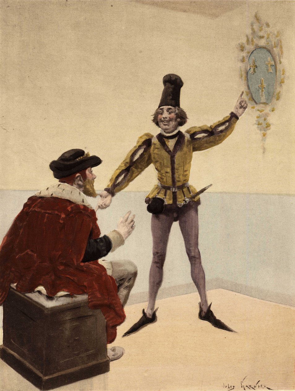 V. Edouart (Edward), Anglia királya, vécéjén, Franciaország címerét nézi, amelyet orvosa mutat neki. Pantagruel. Jules Garnier illusztrációja. In "Rabelais et l