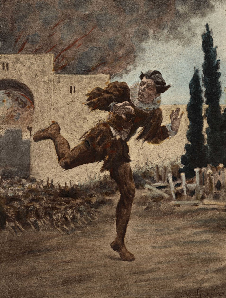 Panurge egy kutyafalka által üldözve menekül az égő Mytilene városból (Törökország). Pantagruel. Jules Garnier illusztrációja. In "Rabelais et l