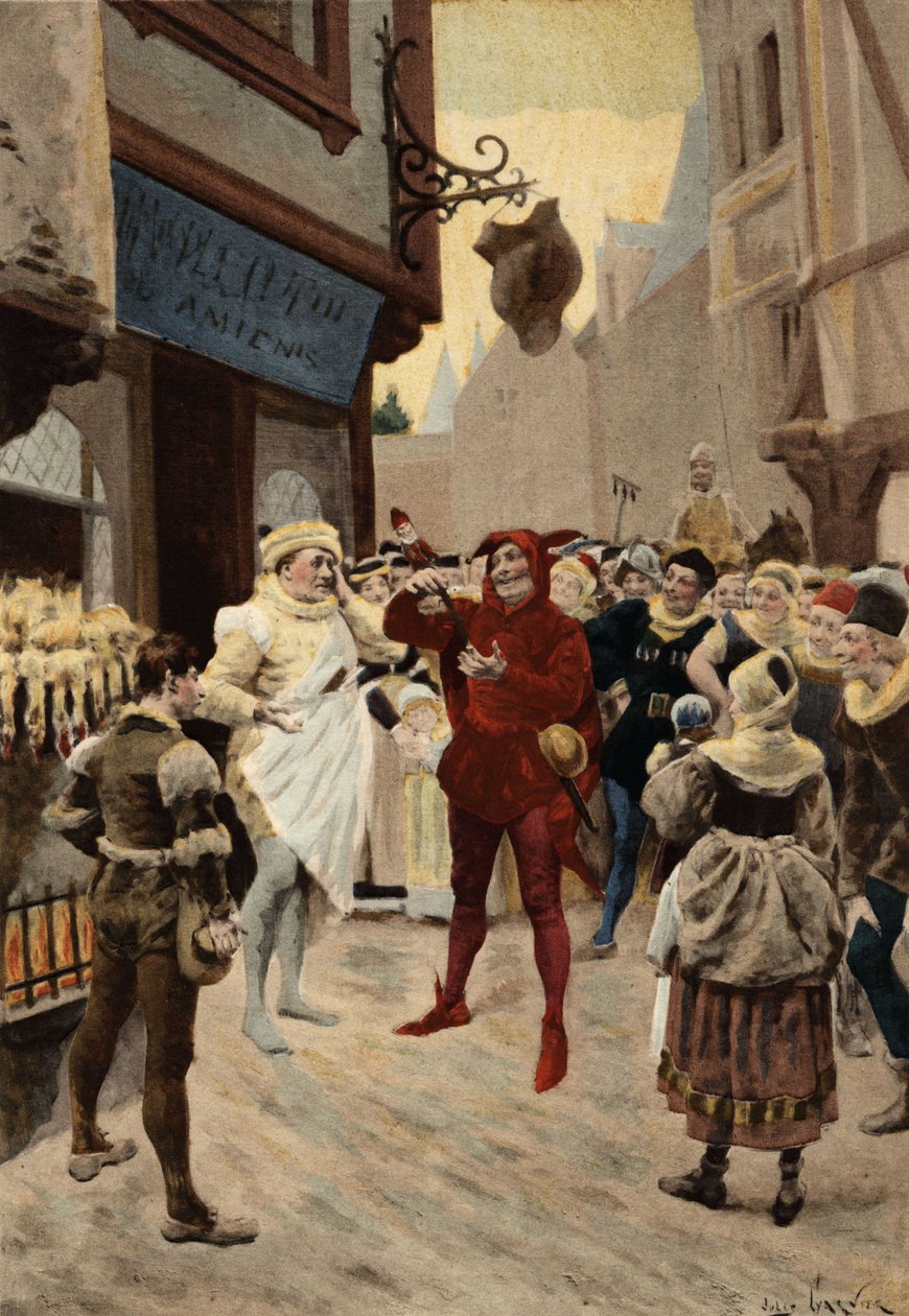 Párizs, a Peer Chatelet Roustissoir (rotisserie). Konfliktus egy alkalmazott és egy férfi között, akit azzal vádolnak, hogy nem fizetett az étkezésért. Pantagruel. Jules Garnier illusztrációja. In "Rabelais et l