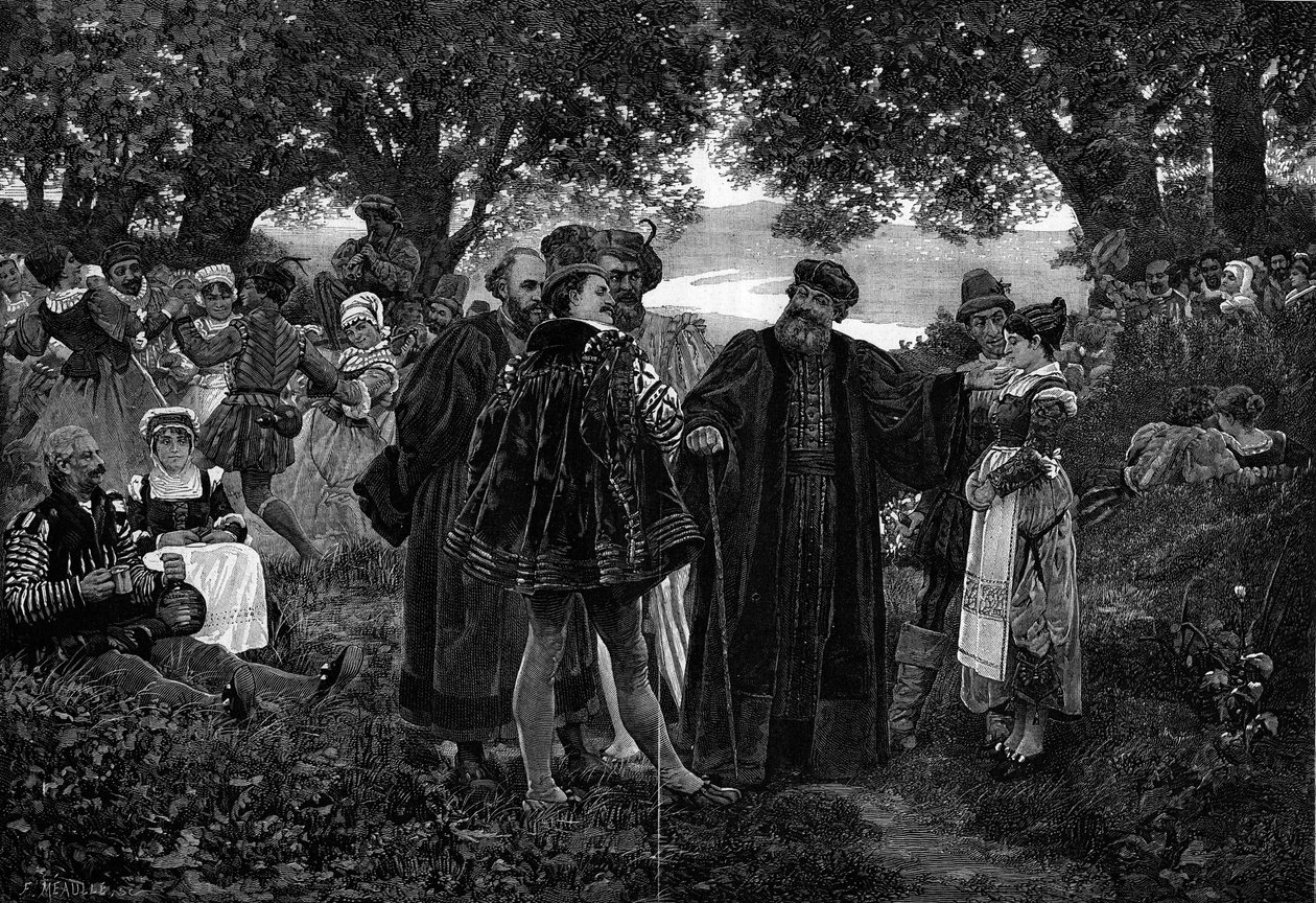 Rabelais, Meudon gyógymódja. Az író, Francois Rabelais (1483-1553) egy lakoma ura a meudoni erdőben. 1551-től 1553-ig meudon plébánia volt. Metszet Jules Garnier (XIX. század) festménye nyomán a június 5-i „A jeles világ” 1210. sz. alkotó: Jules Arsene Garnier