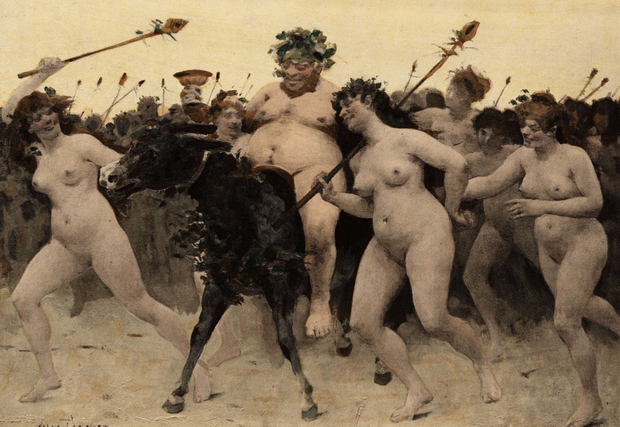 Sileneus (Silene) egy szamáron Bacchus (Dionysos, Bacco) seregét vezetve a Bacchus (Dyonisos, Bacco) és az indiánok közötti csatában. Mozaik a Palackos templomban. Pantagruel. Jules Garnier illusztrációja. In "Rabelais et l