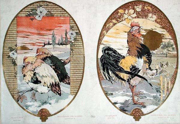Kakas és csirkék, képernyőre való tervezés, 1900 körül (színes litho) alkotó: Jules Auguste Habert Dys