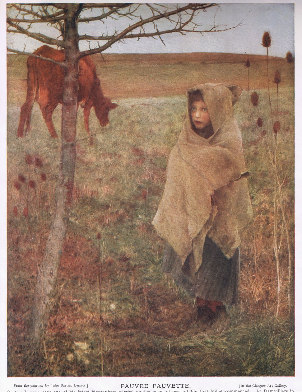 Franciaország, kicsi; lány; Fauvette; tehén; vidéki; szegény; ruházat alkotó: Jules Bastien Lepage