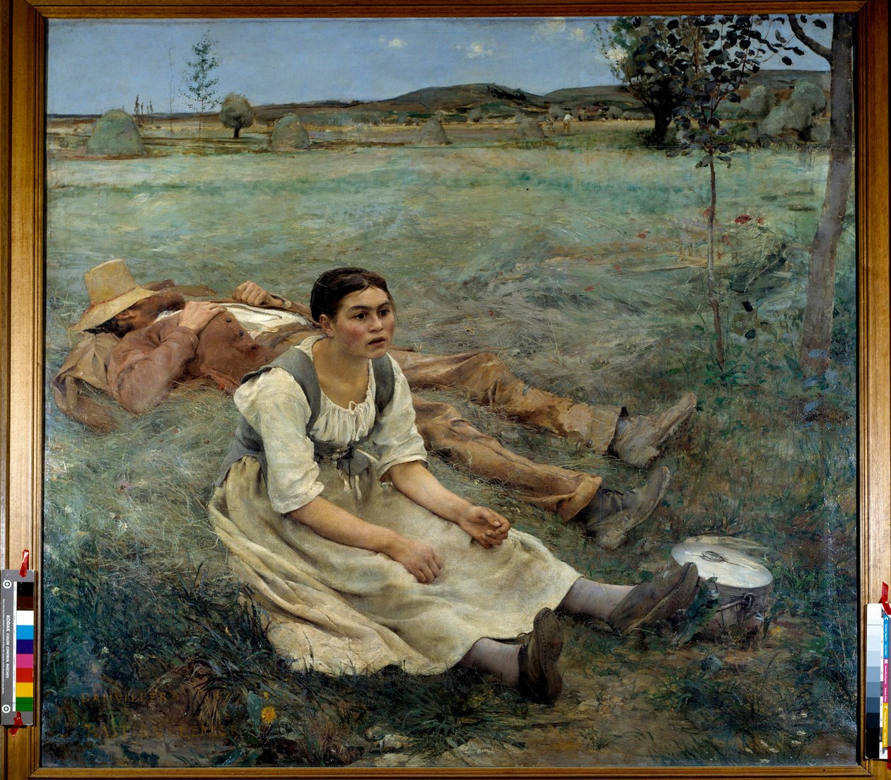 Széna Egy nő ül a fűben egy alvó férfi mellett a betakarítási időszakban. Jules Bastien Lepage (1848-1884) festménye 1877 V. 1,80 x 1,95 m alkotó: Jules Bastien Lepage