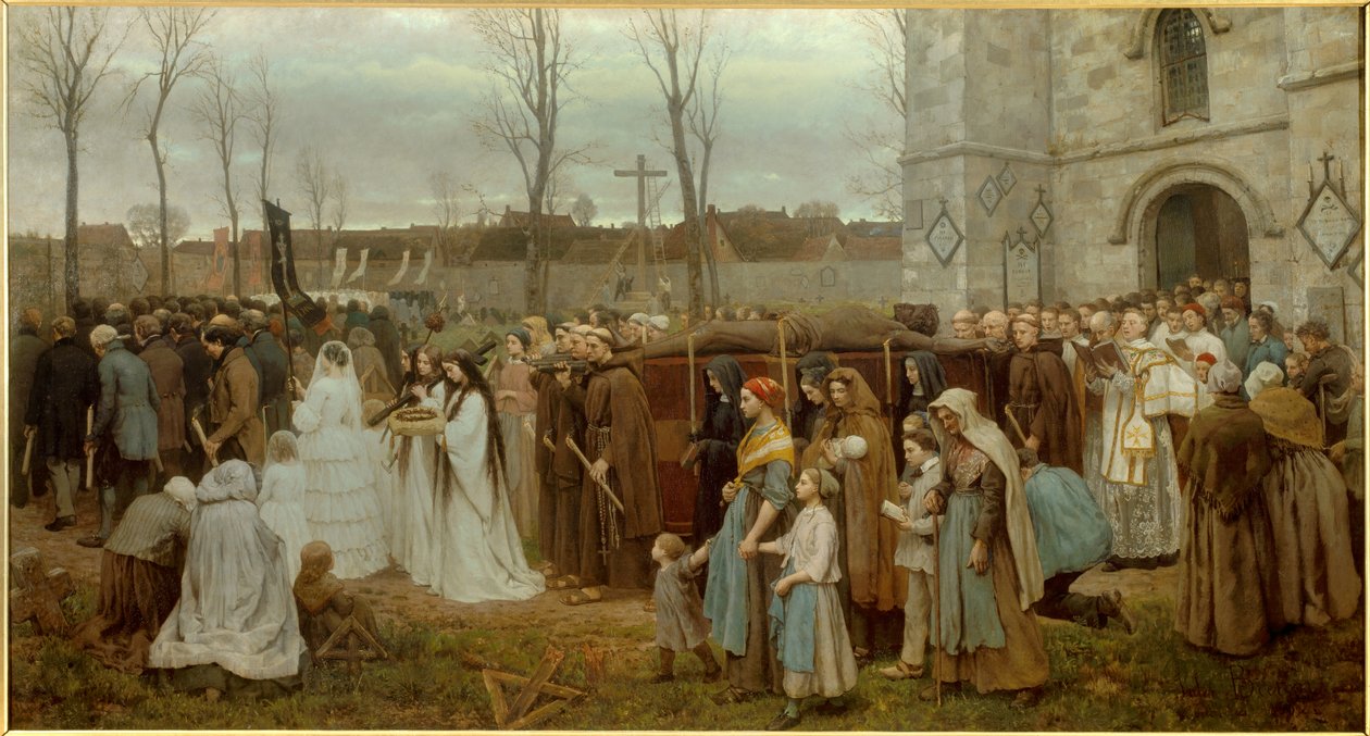 Kálvária körmenet ültetése egy breton templom előtt. Jules Breton (1827-1906) festménye 1858 V. 1,35x2,5 m Lille, musee des Beaux Arts - Kálvária felállítása. Felvonulás egy breton templom előtt. Jules Breton (1827-1906) festménye 1858 alkotó: Jules Breton