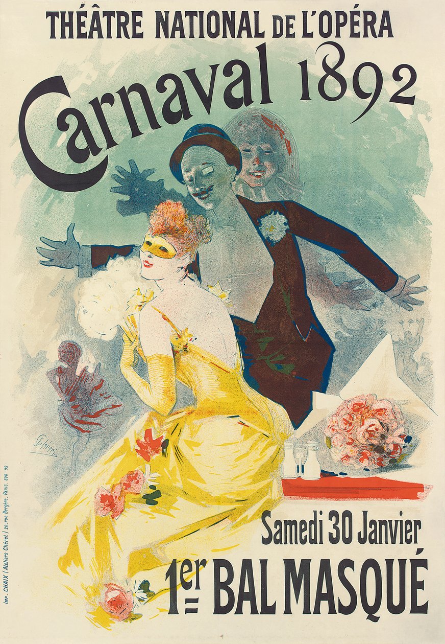 Az 1. karneváli álarcos bál reklámja a Theatre National de l"Operában, 1892-ben, 1892-ben alkotó: Jules Cheret