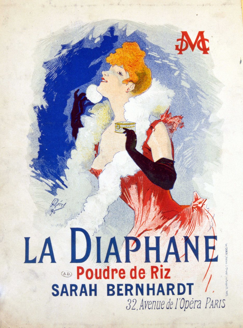 A "" La Diaphane: Rizspor"" reklámja" Henriette Rosine Bernard (Sarah Bernhardt) alkotó: Jules Cheret