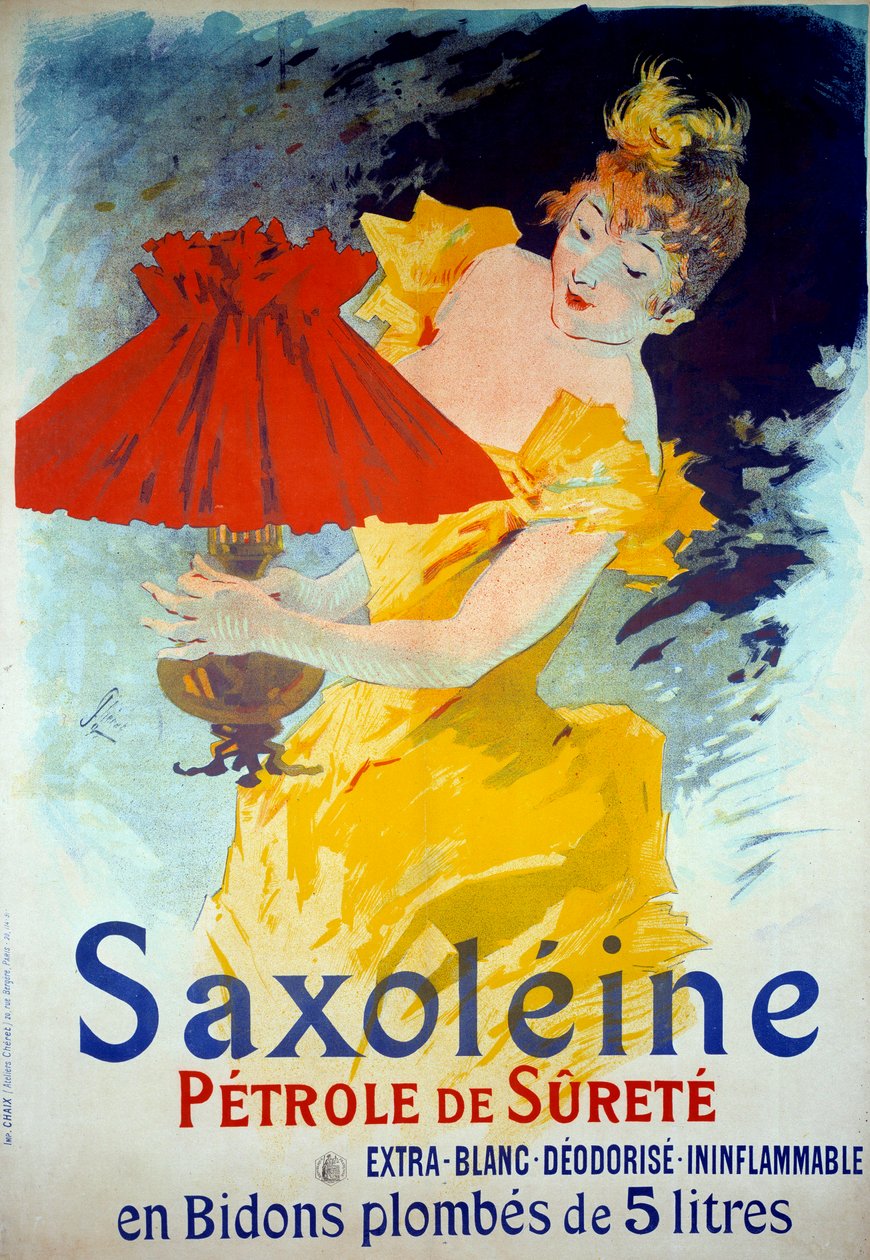 A „Saxoleine Petrole de surete” termék reklámplakátja: Egy nő olajat tölt a lámpába. „Saxoleine” biztonsági lámpaolajat reklámozó plakát, Jules Cheret (1836-1932) alkotó: Jules Cheret