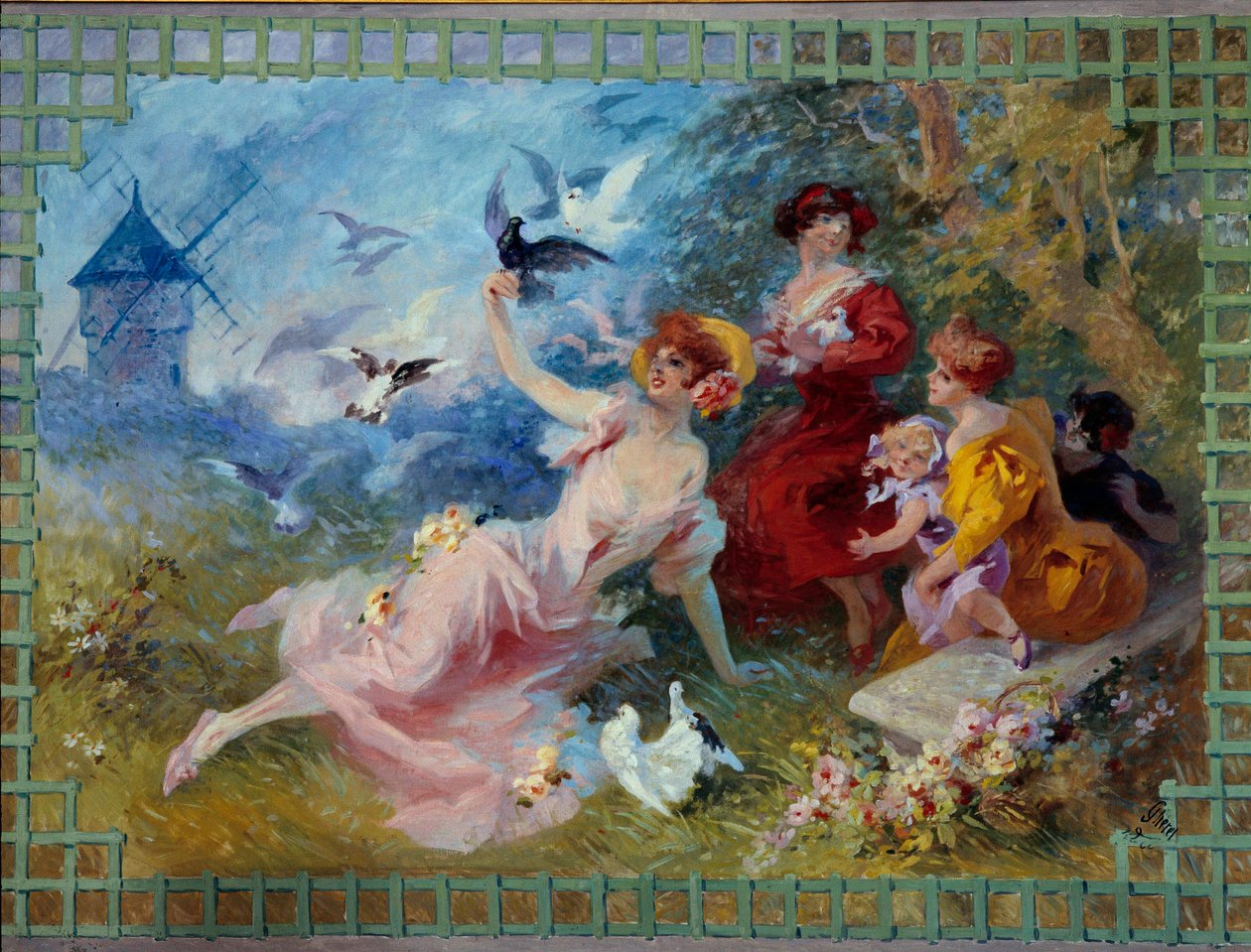 Allegória levegő képviselő fiatal nők és madarak. Karton Jules Cheret (1836-1932) gobelinekhez, 20. század Nizza, Musee Cheret alkotó: Jules Cheret