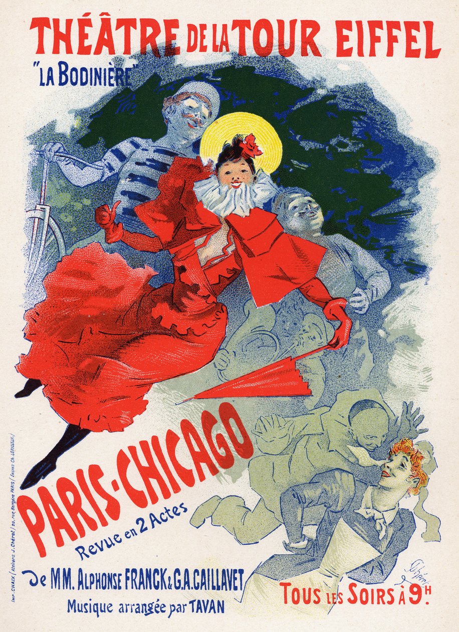 Művészet. Szórakozás. Paris Chicago, varieté a Theatre de la Tour Eiffelben. Plakát: Jules Cheret, Franciaország, 1890 körül (plakát) alkotó: Jules Cheret