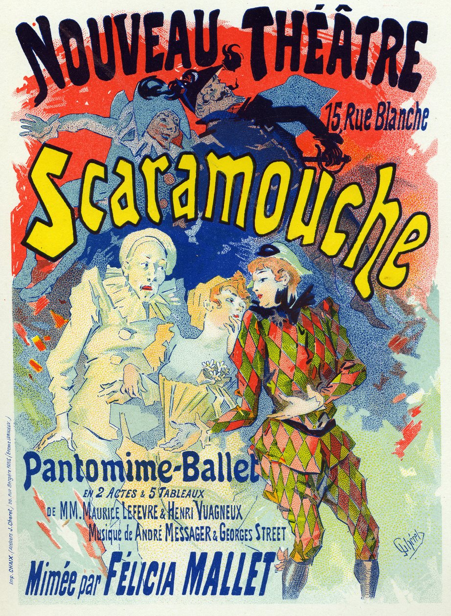Művészet. Szórakozás. Scaramouche, Felicia Mallet balettje. Plakát: Jules Cheret, Franciaország, 1895 körül (plakát) alkotó: Jules Cheret