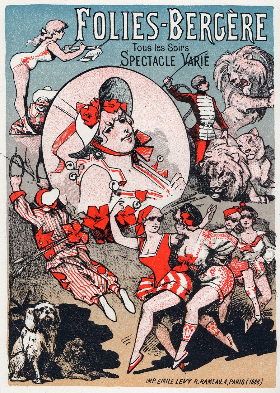 Művészet. Szórakozás. Show a Folies Bergeresben, Párizsban. Plakát Jules Cheret, Franciaország alkotó: Jules Cheret