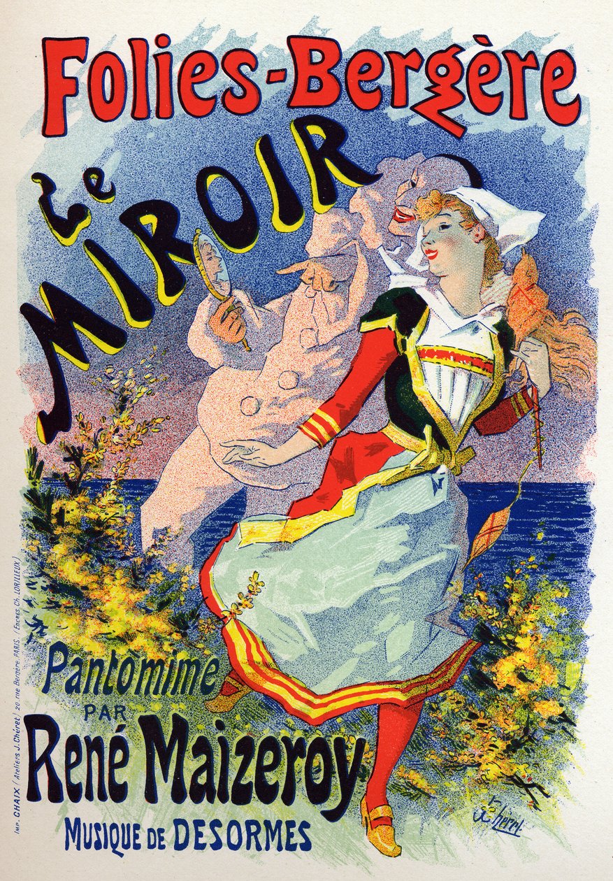 Művészet. Szórakozás. Tükör-, mím-show a párizsi Les Folies Bergeres kabaréban. Plakát: Jules Cheret, Franciaország, 1890 körül (plakát) alkotó: Jules Cheret