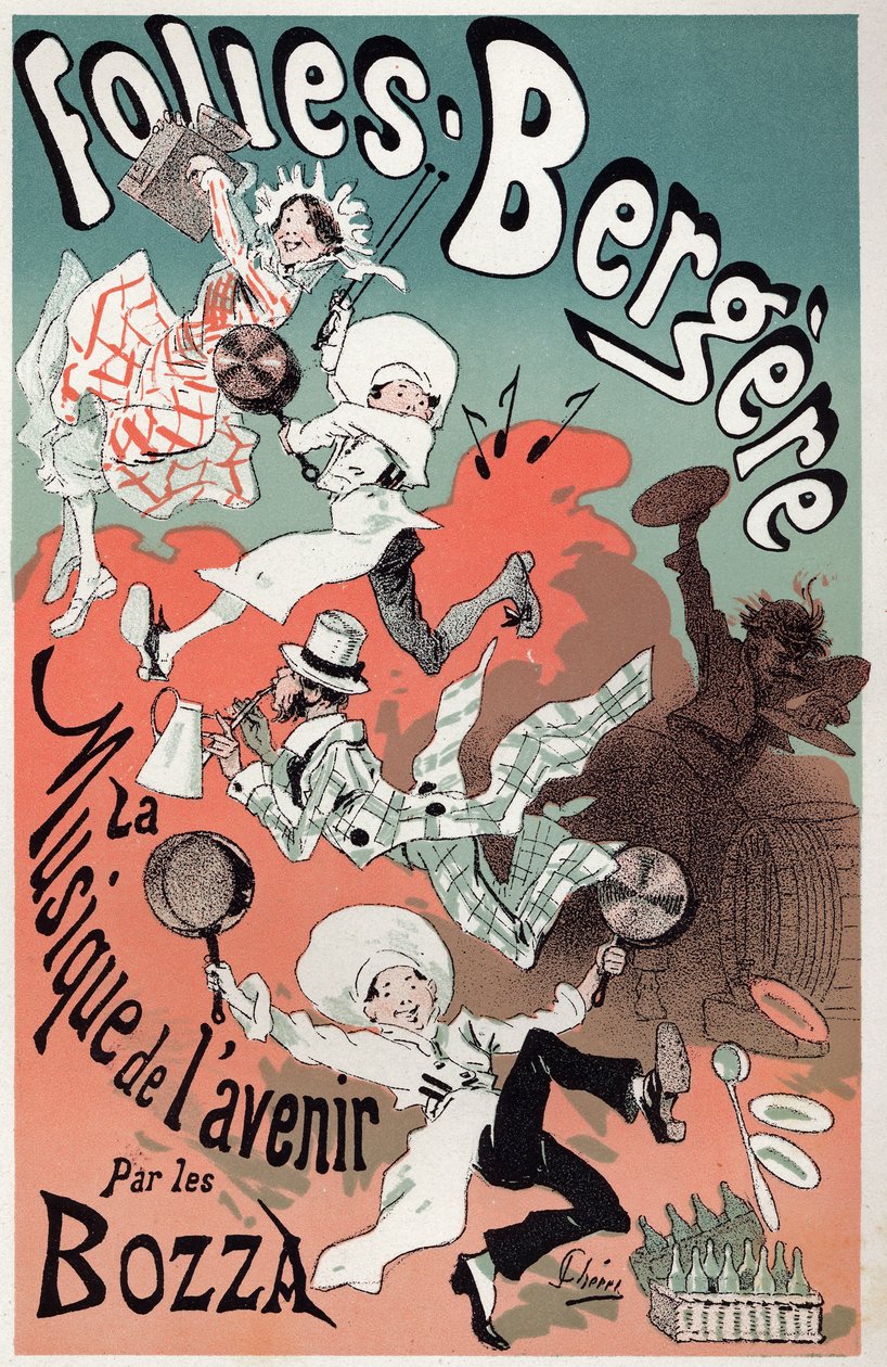 Művészet. Szórakozás. A jövő zenéje Bozzaéktól. Jules Cheret plakátja a párizsi Folies Bergeresben tartott előadáshoz, 1880 körül (plakát) alkotó: Jules Cheret