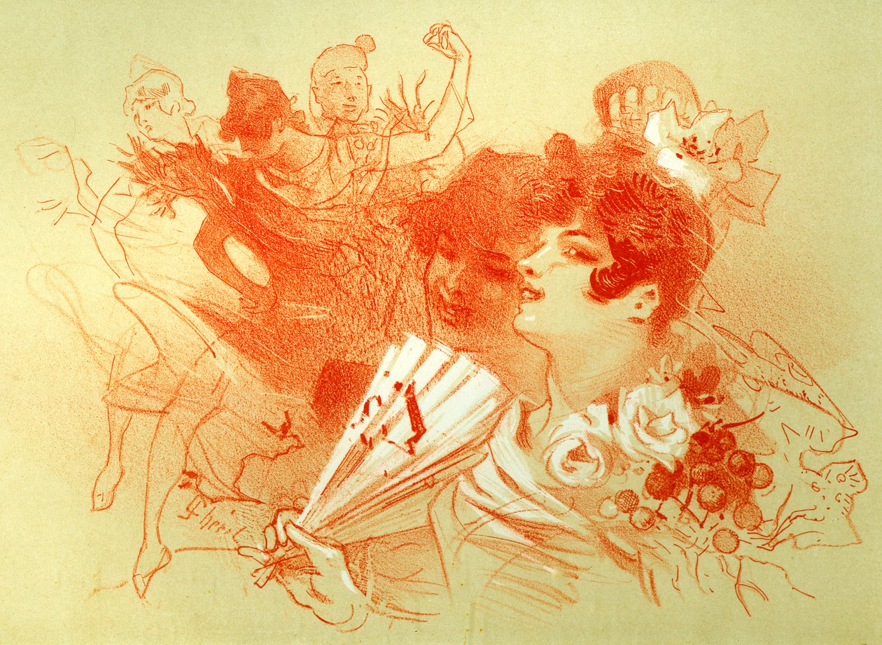 A bálon - Jules Cheret (1836 - 1932) rajza (sangvine) - fiatal nők és táncosok - tánc - magángyűjtemény - alkotó: Jules Cheret