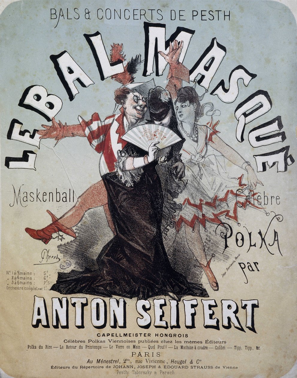 Pesti bál és koncert: az álarcos bál (Maskenball, Anton Seifert híres polkája) - plakát: Jules Cheret, n.d. alkotó: Jules Cheret