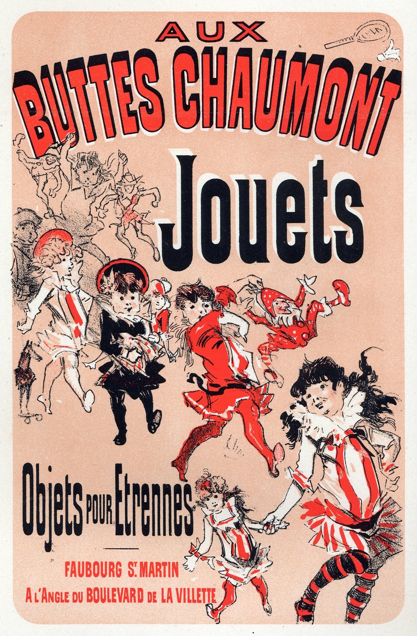 Gazdaság. Aux Buttes Chaumont, játékbolt Párizsban. Plakát: Jules Cheret, Franciaország, 1880 körül (plakát) alkotó: Jules Cheret