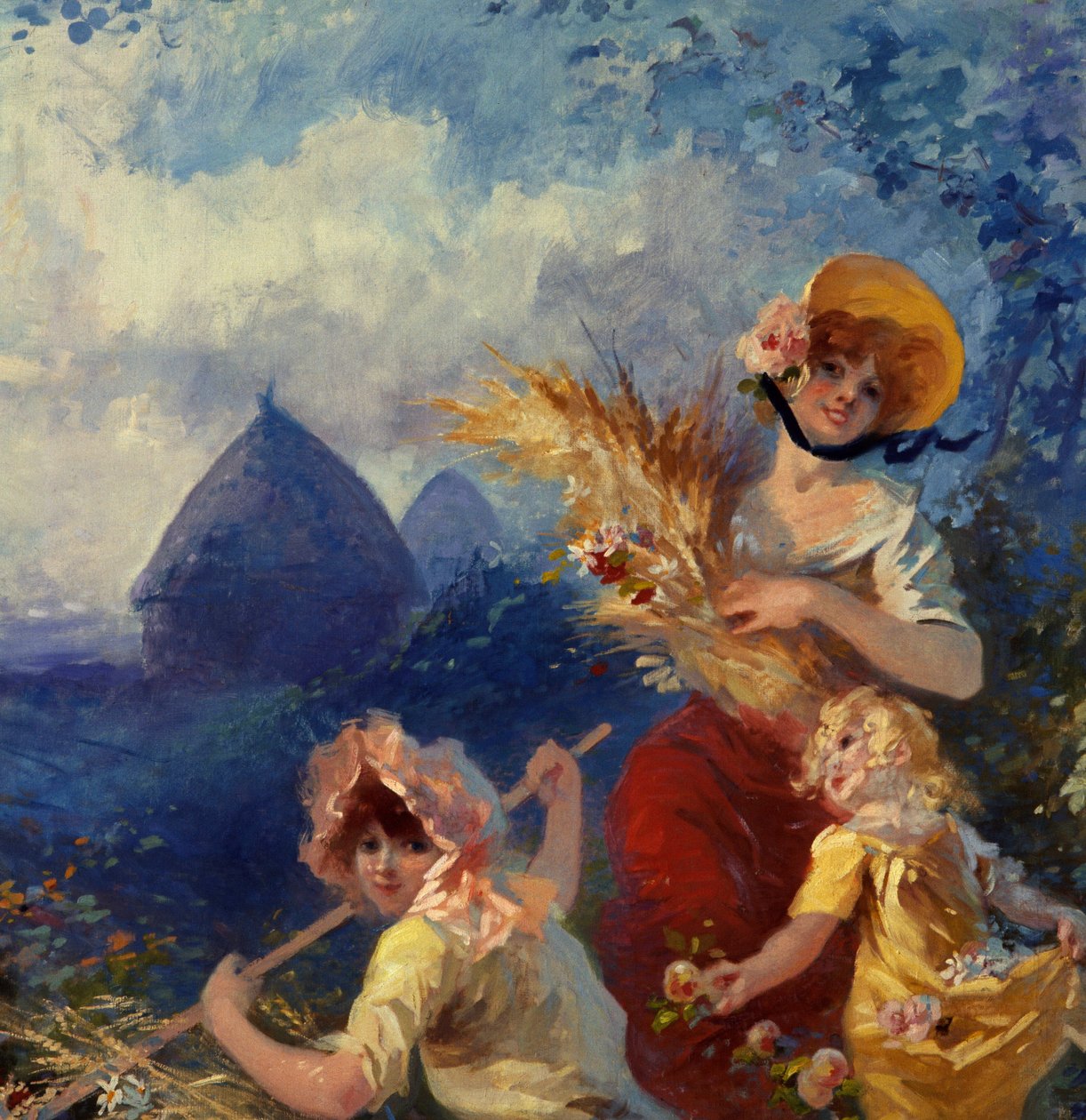 La Terre Allegorie fiatal nőket ábrázol, akik búzacsizmát tartanak a betakarítás hátterében. Részlet. Karton Jules Cheret (1836-1932) gobelinekhez, 20. század Nizza, Musee Cheret alkotó: Jules Cheret