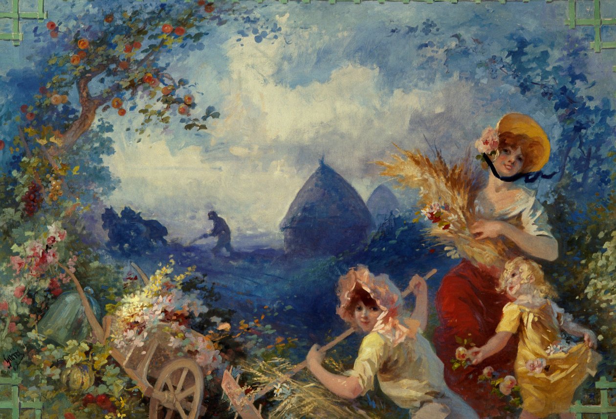 La Terre Allegorie fiatal nőket ábrázol, akik búzacsizmát tartanak a betakarítás hátterében. Karton Jules Cheret (1836-1932) gobelinekhez, 20. század Nizza, Musee Cheret alkotó: Jules Cheret