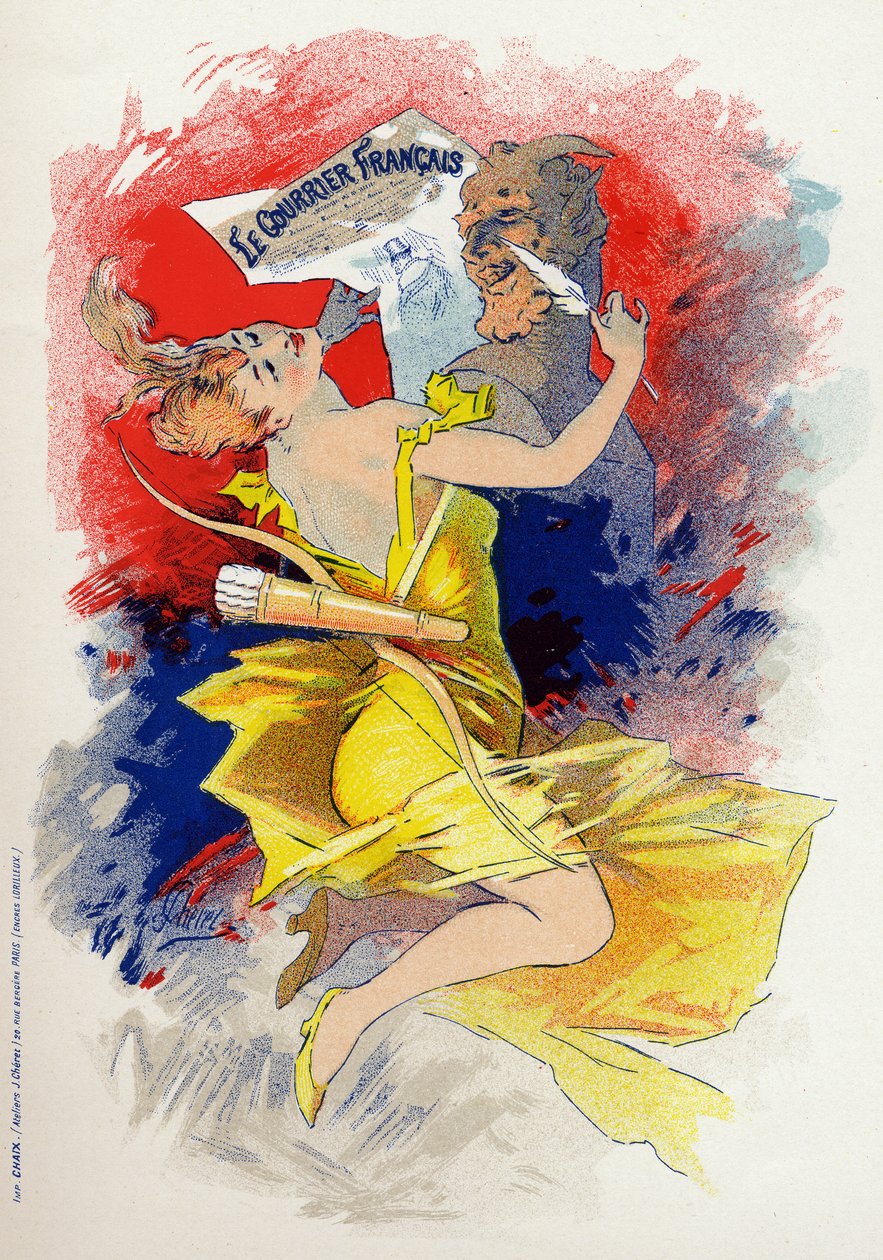 Irodalom. A Le Courrier Francais újság. Jules Cheret allegóriája, Franciaország, 1890 körül (plakát) alkotó: Jules Cheret